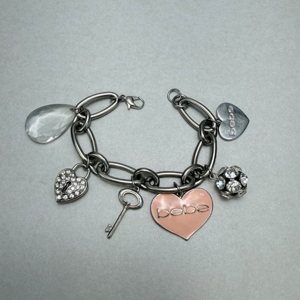 Bebe Charm Bracelet Enamel Peach Heart Key Crystal Dangle Silver Tone